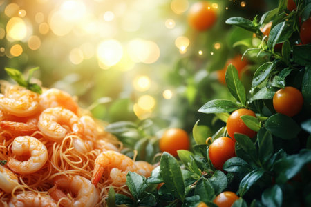 Shrimp pasta is elegantly displayed alongside fresh citrus fruits in a bright, sunlit garden atmosphere.の写真素材