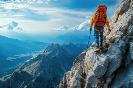 A climber in bright orange gear ascends rocky mountain peaks overlooking a breathtaking valley at sunset.の写真素材