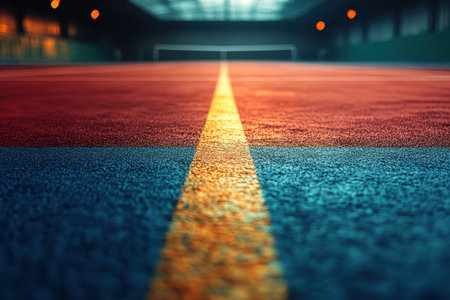 A brightly colored sports floor shows a distinct line leading towards a distant goal in the evening light.の写真素材