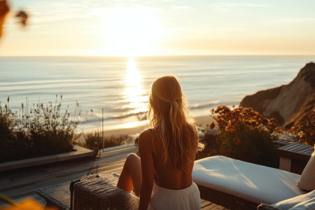 A person sits on a deck overlooking the ocean, admiring a stunning sunset and the peaceful waves.の写真素材