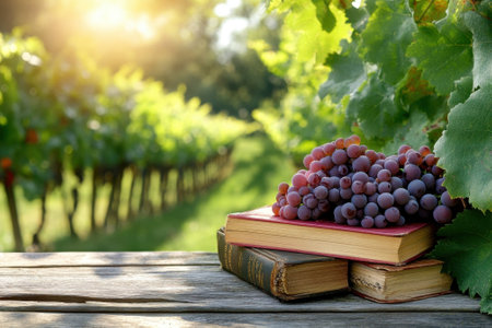 Grapes are placed on stacked books in a vineyard, illuminated by warm sunlight and surrounded by greenery.の写真素材