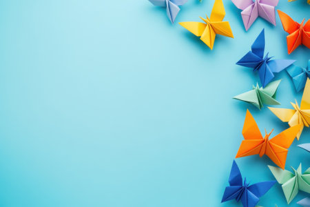 Colorful origami butterflies in various shades rest on a light blue surface, showing artistic craftsmanship.の写真素材