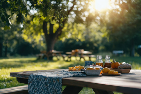 A gathering of friends at a table filled with delicious snacks and drinks under a bright tree in a park.の写真素材
