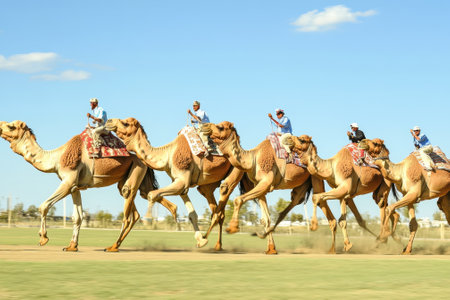 Six camels and riders sprint across a grassy area under a clear blue sky in the desert.の写真素材