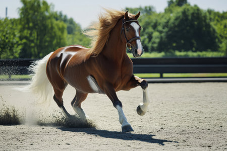 A strong horse runs swiftly across a sandy arena under clear blue skies, showing its athleticism and beauty.の写真素材