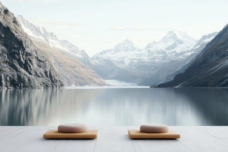 Two smooth stones rest peacefully on a wooden surface overlooking a tranquil lake surrounded by mountains.の写真素材