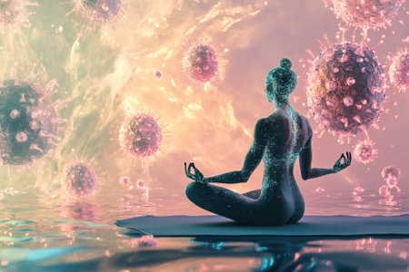 In a serene atmosphere, a figure meditates, surrounded by colorful representations of viruses and energy forms.の写真素材