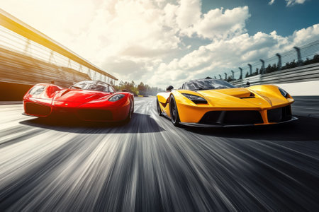 Two sleek sports cars compete on a racetrack, showing vibrant colors and intense speed during the day.の写真素材