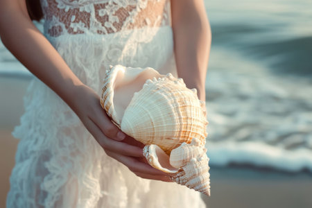 A woman in a lace dress holds a beautiful shell, standing at the beach with gentle waves at sunset.の写真素材