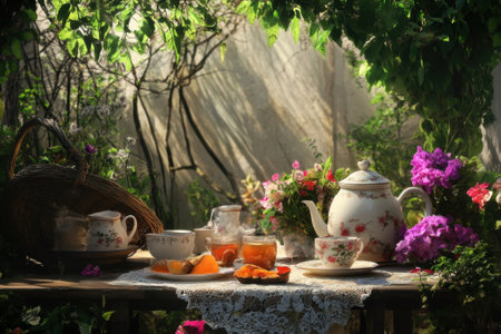 A charming tea party is arranged outdoors, featuring tea, pastries, and vibrant flowers on a rustic table.の写真素材