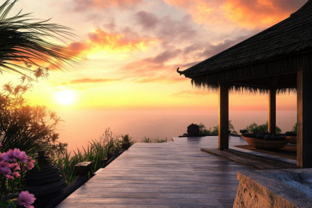 A beautiful sunset casts warm colors over a peaceful ocean view from a wooden terrace adorned with flowers.の写真素材