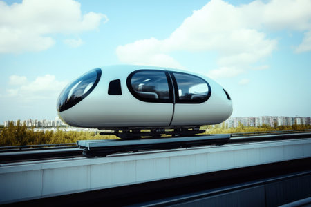 A sleek monorail pod glides on an elevated track with a bright sky above in a contemporary city landscape.の写真素材