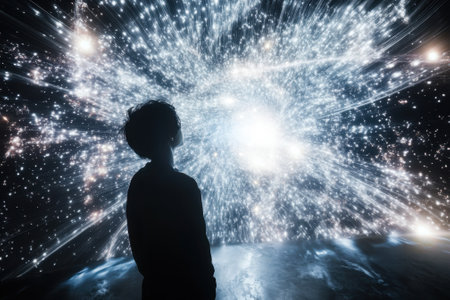 A child stands in awe, observing a dazzling cosmic light show filled with stars and galaxies.の写真素材