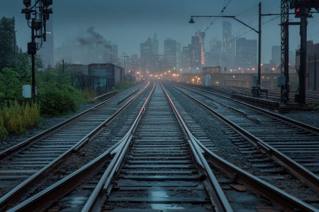 Train tracks stretch into a distant city skyline illuminated by evening lights and shrouded in fog.の写真素材