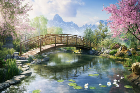 A beautiful wooden bridge spans a calm pond surrounded by vibrant flowers and lush greenery under a clear sky.の写真素材