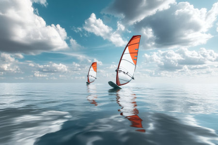 Two windsurfers gracefully maneuver on tranquil water, enjoying the sunny sky with fluffy clouds overhead.の写真素材