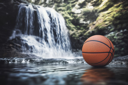 A basketball sits on the water surface near a cascading waterfall surrounded by greenery.の写真素材