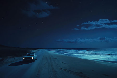 A car parked on a quiet beach at night, with waves gently crashing and stars shining above.の写真素材