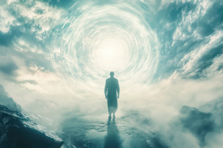 A figure approaches a brilliant light in a surreal landscape, surrounded by clouds and moving energy.の写真素材