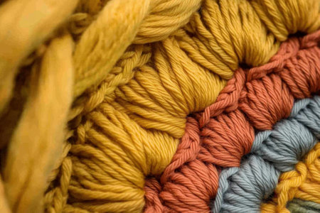 Vibrant strands of yarn are intricately braided together, displaying a rich texture and color combination.の写真素材