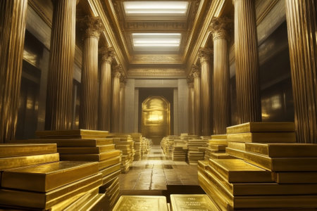 A grand room filled with stacked gold bars, exuding opulence, highlighted by impressive columns and soft lighting.の写真素材