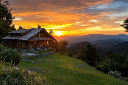 A cozy mountain cabin sits on a hillside as a stunning sunset illuminates the sky and landscape.の写真素材