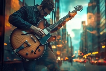 A guitarist passionately performs in a bustling city street at twilight, surrounded by skyscrapers and lights.の写真素材
