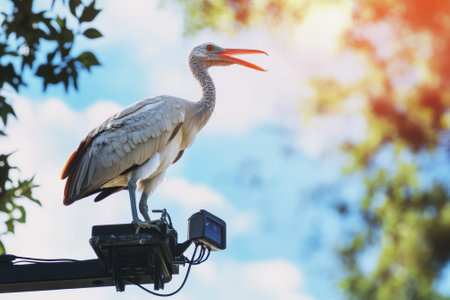 A white stork stands on a pole, vocalizing joyfully while surrounded by lush greenery and blue skies.の写真素材
