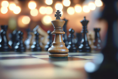 A king chess piece stands out in focus while other pieces are blurred with warm background lights.の写真素材