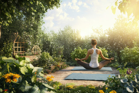 A person is meditating in a lush garden surrounded by vibrant flowers and greenery during sunset.の写真素材