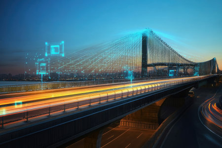 Advanced technology illuminates a bridge while vehicles move, showing connectivity and urban infrastructure.の写真素材