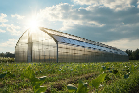 A large greenhouse stands brightly illuminated by the sun in a lush green field during late afternoon hours.の写真素材