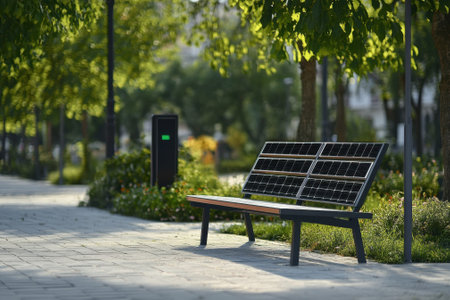 A park bench equipped with solar panels sits in a lush green area, inviting relaxation under the sun.の写真素材