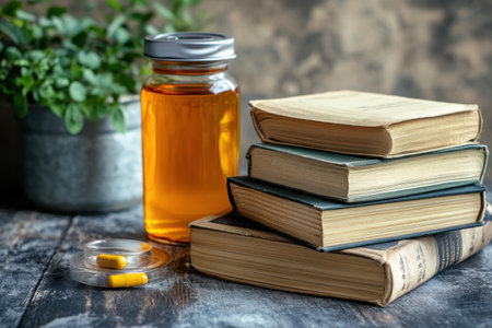 Old books are stacked next to a jar filled with amber liquid and capsules on a rustic tabletop.の写真素材