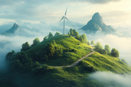 A solitary wind turbine rises above the lush hill, encircled by mist and majestic mountains at dawn.の写真素材