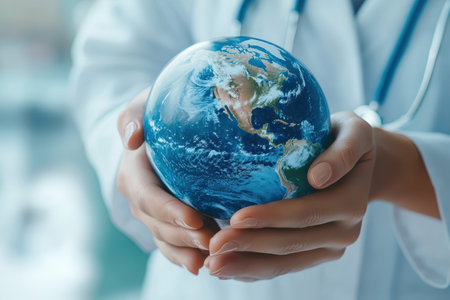 A healthcare professional carefully cradles a globe, highlighting the importance of global health initiatives.の写真素材