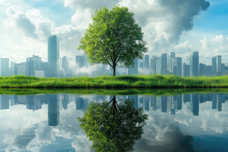 A lush green tree by a calm lake mirrors the urban skyline, combining nature and cityscape beautifully.の写真素材