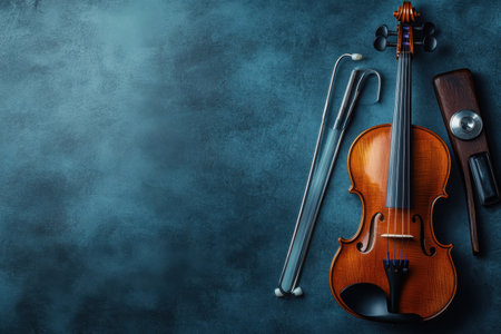 A beautifully crafted violin, bow, and accessories are displayed on an elegant blue surface.の写真素材