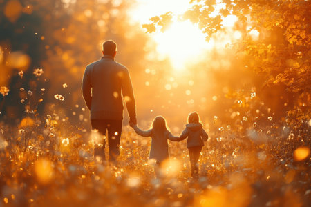 A father walks with his two children, holding hands while enjoying a warm autumn sunset in a field.の写真素材