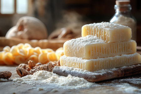 Ingredients for a delicious pasta dish featuring flour, cheese, and nuts on a rustic kitchen table.の写真素材