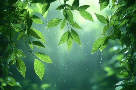 Raindrops trickle down lush green leaves in a serene forest, showcasing the beauty of nature's renewal.の写真素材
