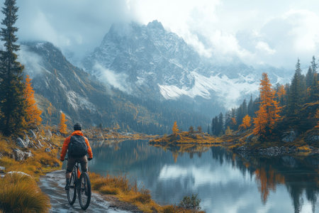 A mountain biker pedals next to a calm lake reflecting colorful autumn trees and snow-capped mountains.の写真素材