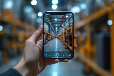 A smartphone displays a warehouse aisle filled with tall shelves and stored items in the background.の写真素材