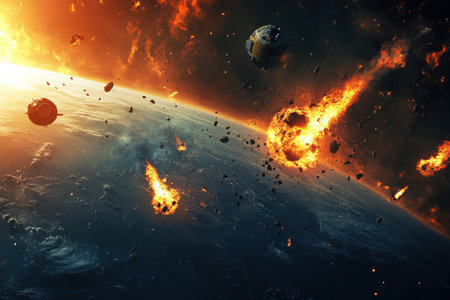 Fiery asteroids crash into Earth's atmosphere, creating a spectacular display in the dark void of space.の写真素材
