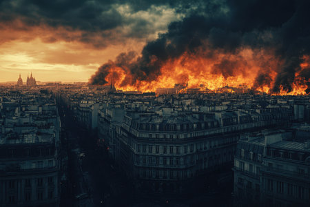 Thick smoke and flames engulf rooftops in Paris as the sun sets, creating a striking, apocalyptic atmosphere.の写真素材