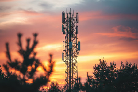 A telecommunications tower stands against a vibrant sunset, surrounded by silhouettes of trees and clouds.の写真素材