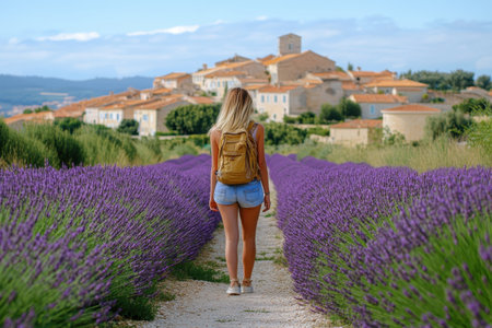 A person strolls along a path surrounded by blooming lavender with a village in the background.の写真素材