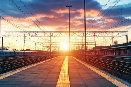 A beautiful sunset over a railway station showcasing glowing tracks and striking clouds in the evening sky.の写真素材