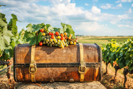 A rustic wooden trunk displays a harvest of colorful grapes and tomatoes in a sprawling vineyard during sunset.の写真素材