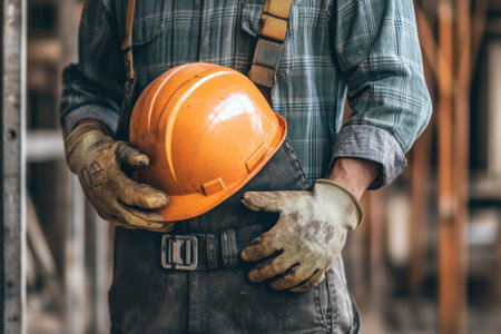 A construction worker wearing gloves and a hard hat stands with tools at a building site, ready for work.の写真素材